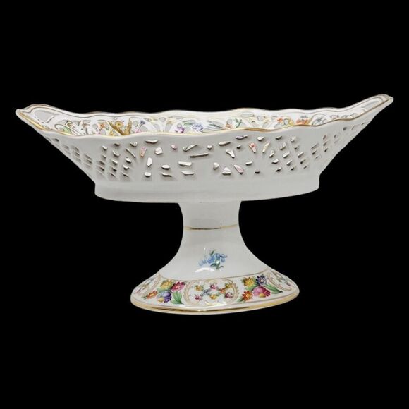 Dresden Schumann Bavaria Candy Fruit Footed Pedestal Oval Floral Bowl Compote - Picture 2 of 16